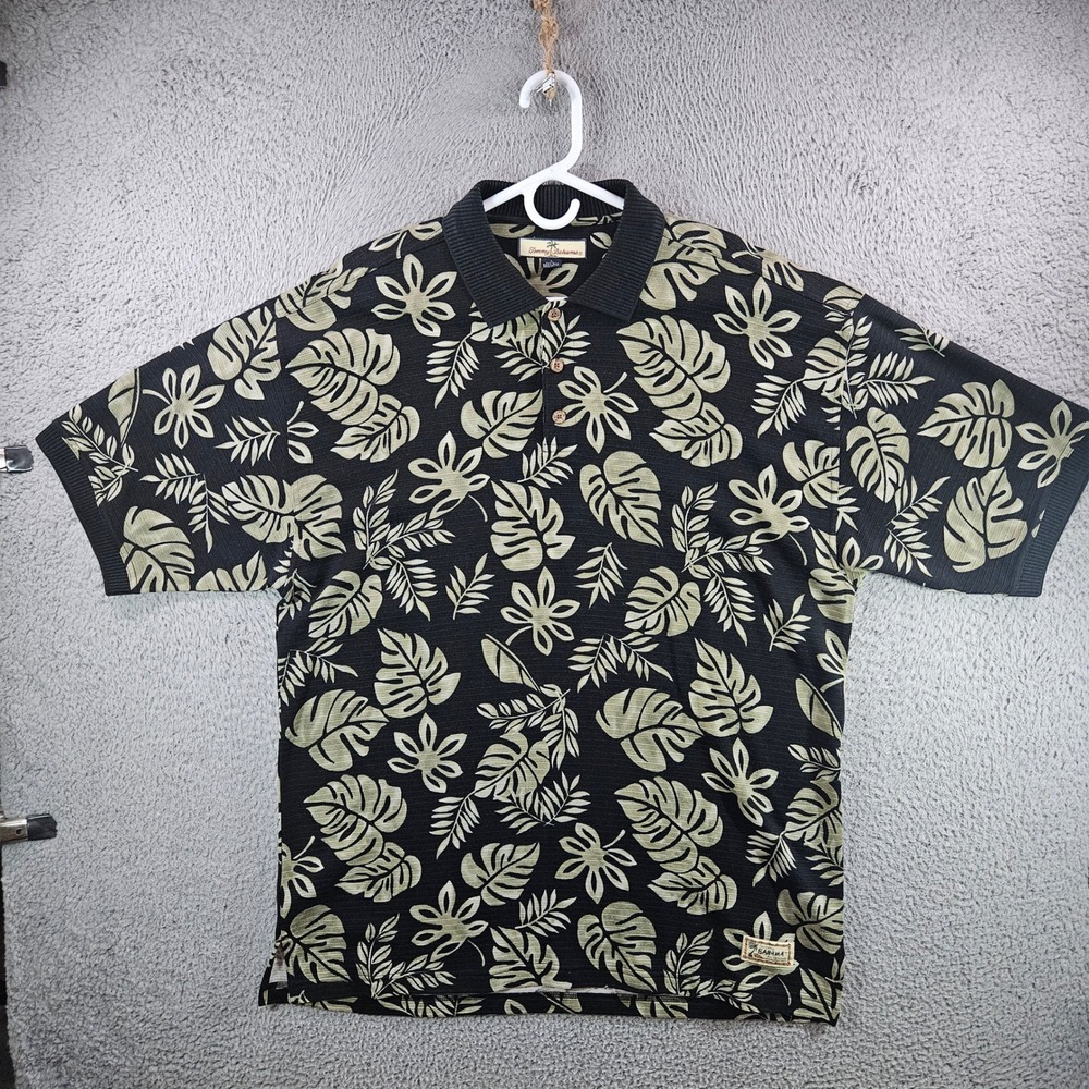 Tommy Bahama Mens Silk Cotton Tropical Monstera Leaf Print Polo Shirt Black L